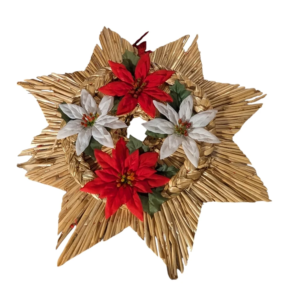 Vintage Holiday Swedish‎ Braided Straw Star Christmas Wreath Poinsettia Rare